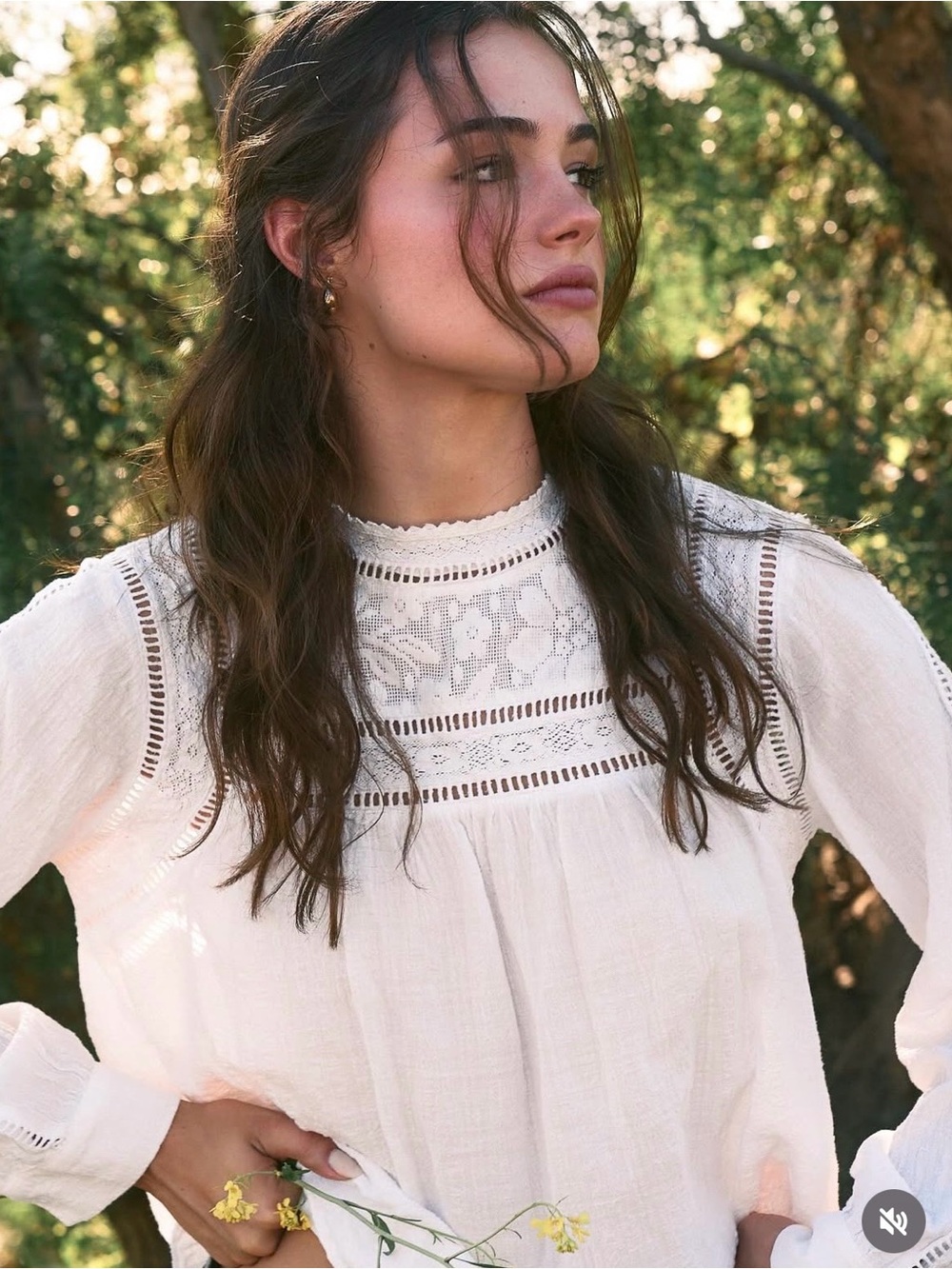 Miss Me Ivory Crinkled Lace Yoke Mock Neck Blouse Bohemian Embroidery Crochet